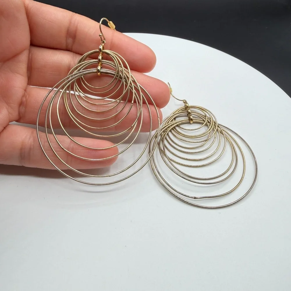 Gold Tone Concentric Multi Hoop Chandelier Earrings Oversized Dangle Statement
